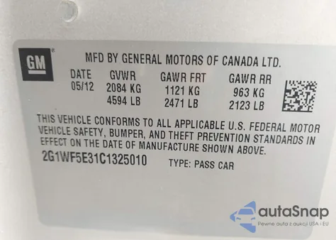 2012 Chevrolet Impala Ls from USA, damaged, VIN 2G1WF5E31C1325010